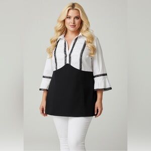 Lane Bryant Dressy Tuxedo Lace Babydoll Tunic Top Black White Size 14/16